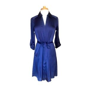 INC Womens Navy Belted Satin Buttoned Split Neck 3/4 Sleeve Dress Size 4